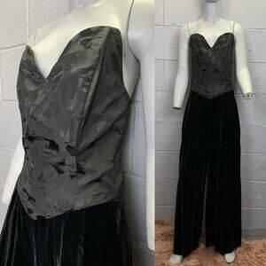 Vintage 80s Black Wide Leg Jacquard Velvet Jumpsuit Strapless Small Goth Vamp